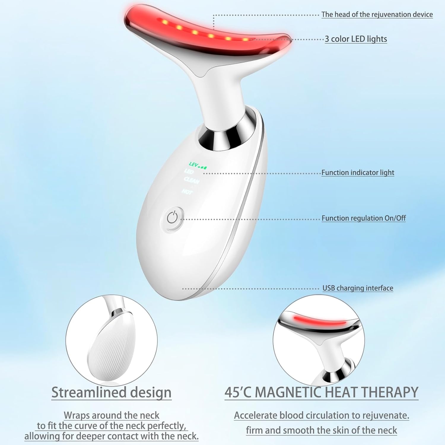 Face and Neck Massager, 3 Color Led Face Neck Massager, Multifunctional Facial Skin Care Tool, Ideal for Home Skin Care